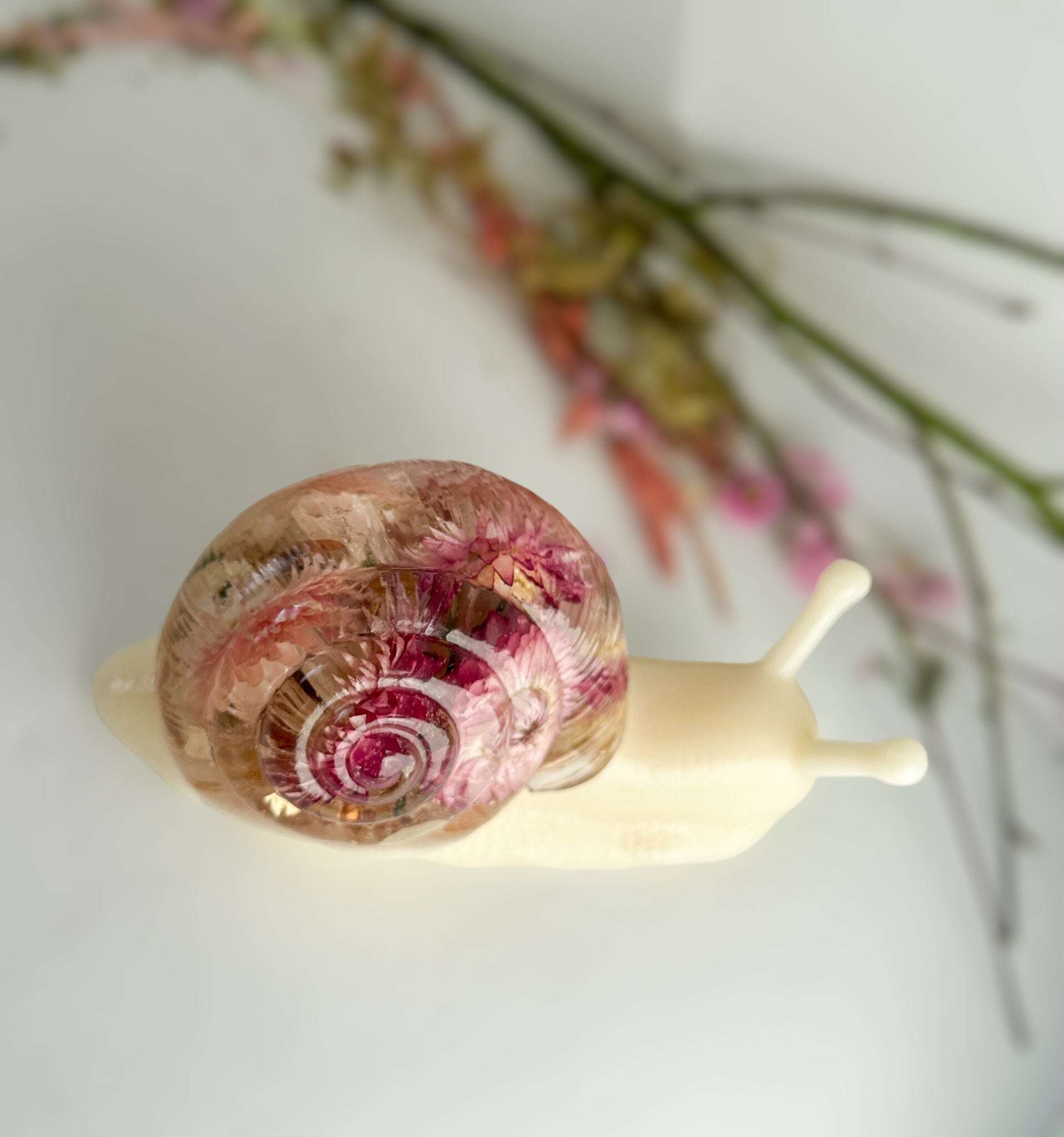 Whimsical Snail - Blossom the Pink Petal Snail - Handcrafted Decor