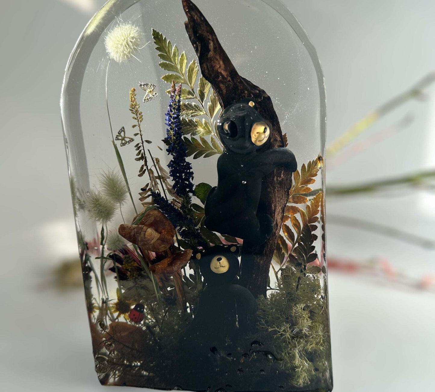 Whimsical Bear Resin Night Light Handmade Forest Botanical Sculpture
