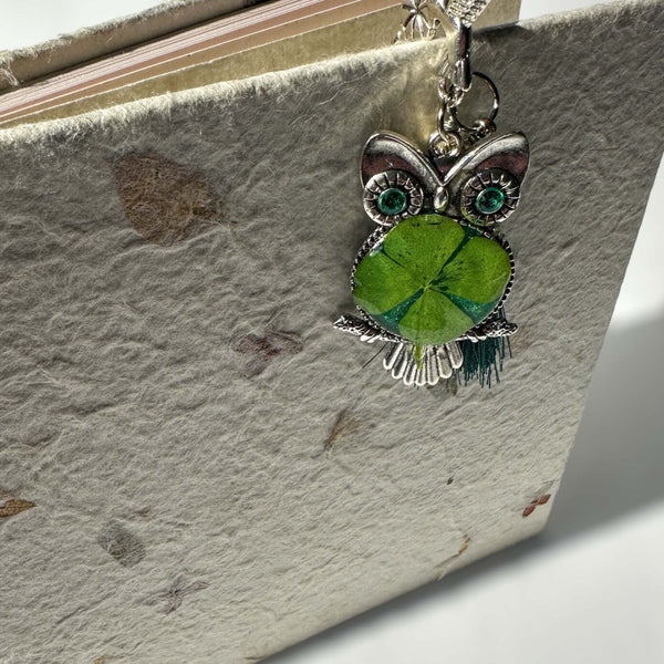 Bookmark - Lucky Owl Four Leaf pressed Clover Bookmark