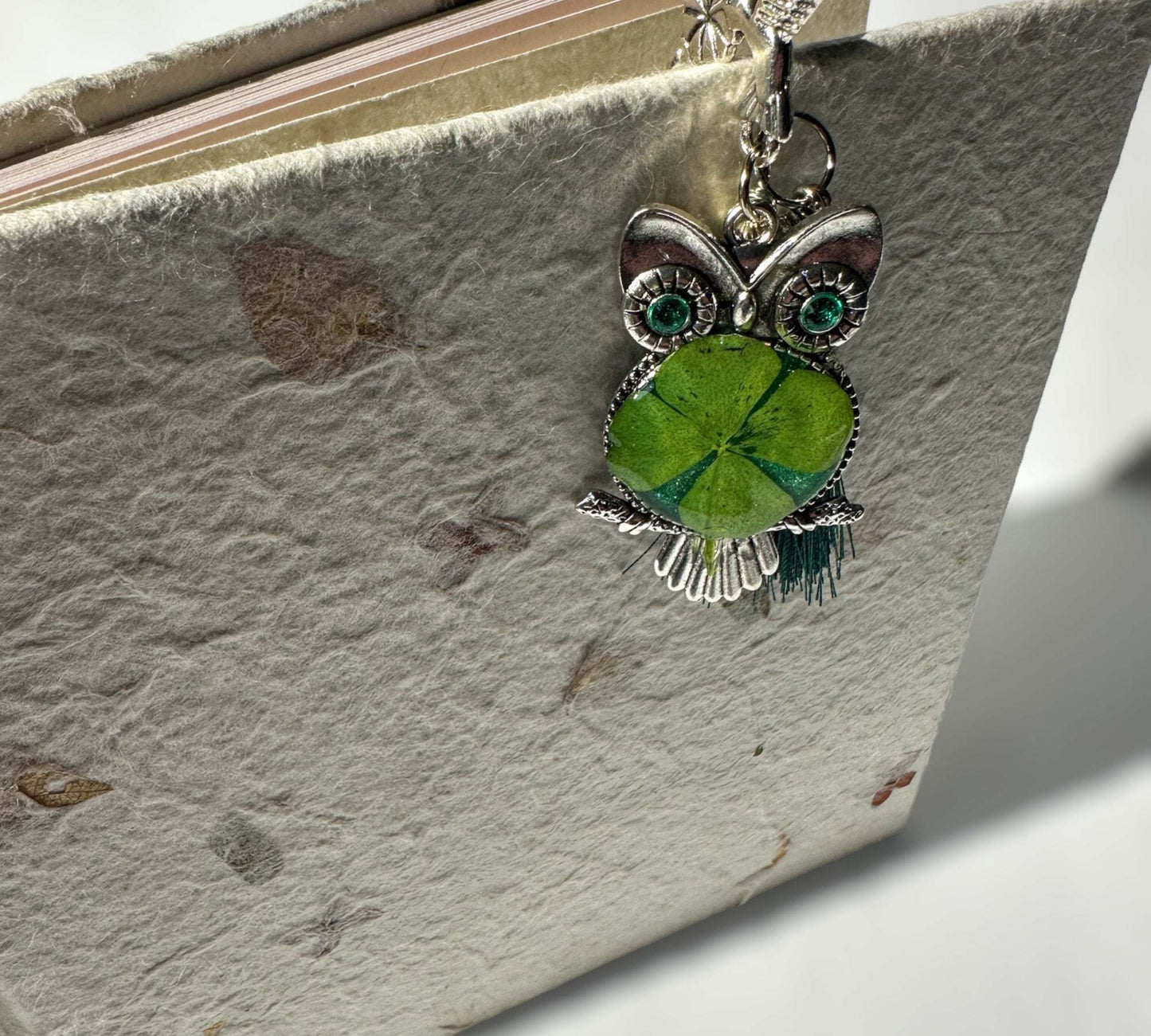 Bookmark - Lucky Owl Four Leaf pressed Clover Bookmark