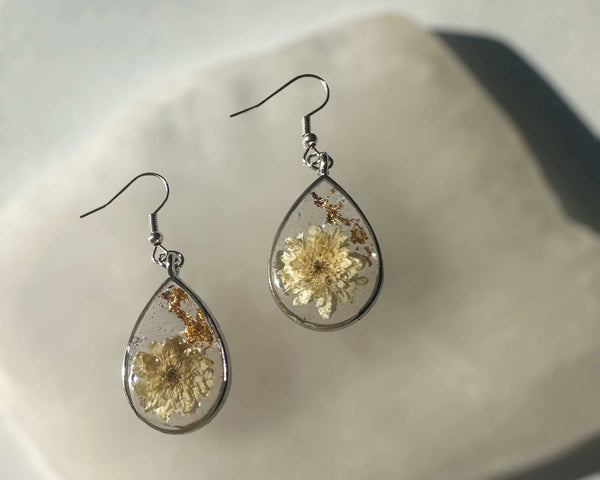 White Petal Dew Drop Floral Earring Set - Handmade with Pressed Flower
