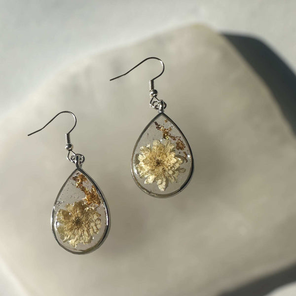 White Petal Dew Drop Floral Earring Set - Handmade with Pressed Flower
