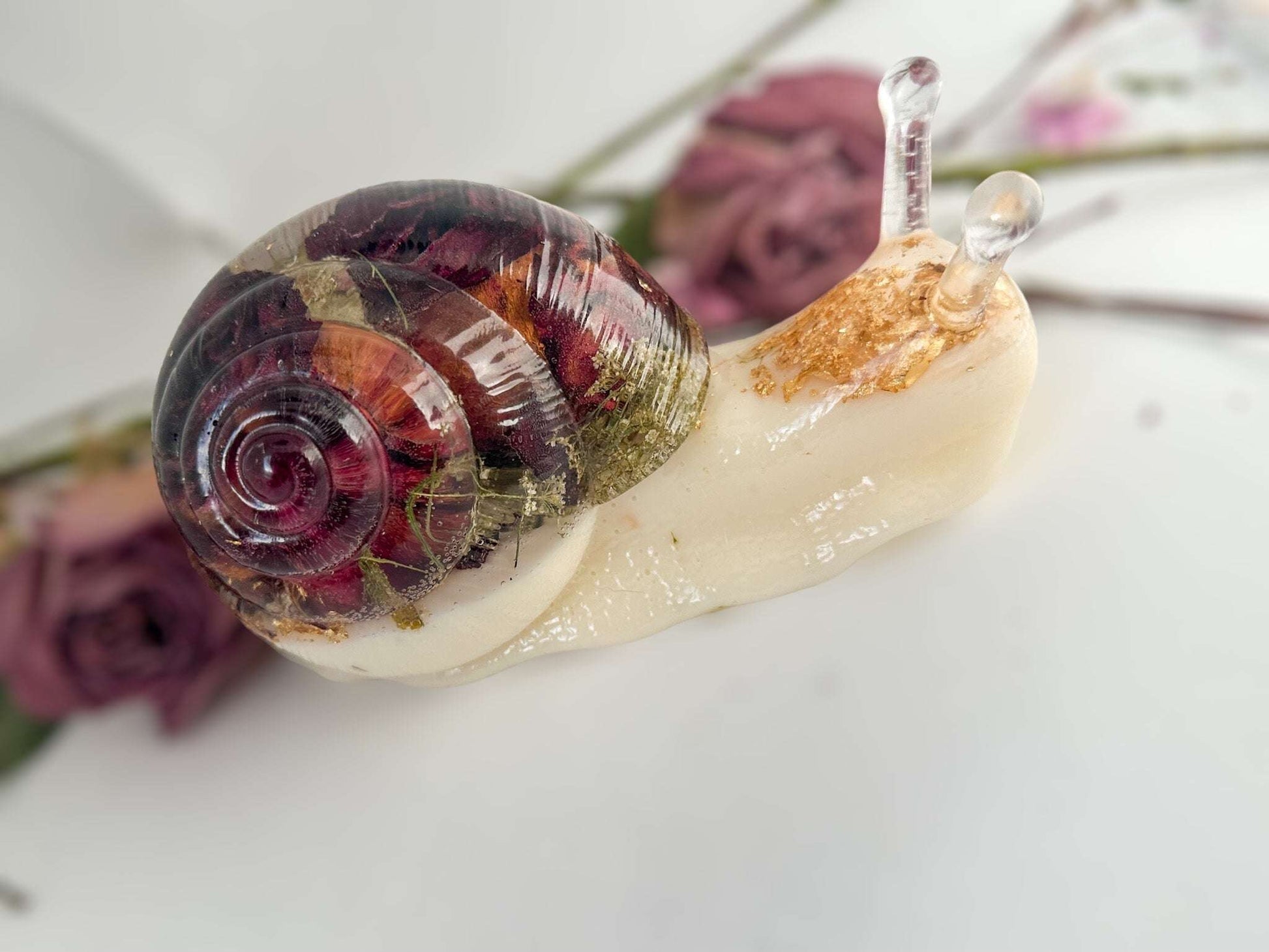 Whimsical Snail Decor with Real Red Roses – Charming Home Accents