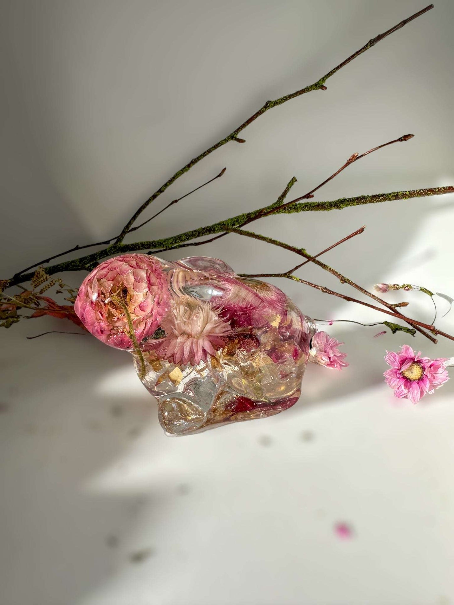 Bunny Bliss: Handmade Resin Art Bunny Decor with Pink Straw Flowers