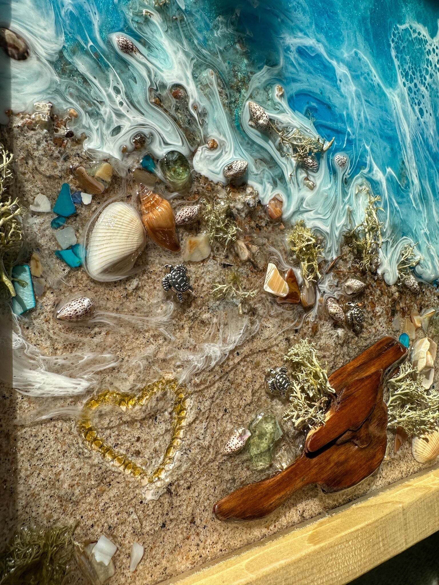 Ocean Resin Art - Seaside Serenity with Sand, Seashells & Turtles