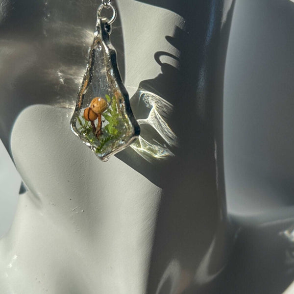Mushroom Forest Handmade Silver Drop Earrings with Pressed Ferns