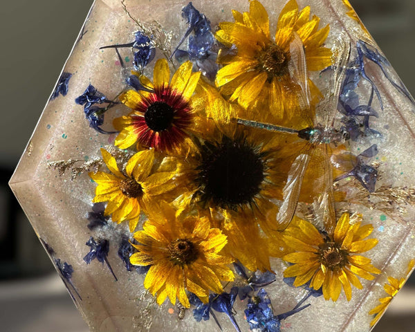Dragonfly Sculpture - Dried Sunflower Floral Art Nature Inspired Decor
