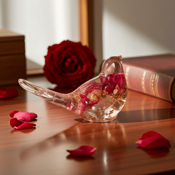 Eternal Rose Bird - Handmade Resin Bird with Real Flowers & Gold Leaf