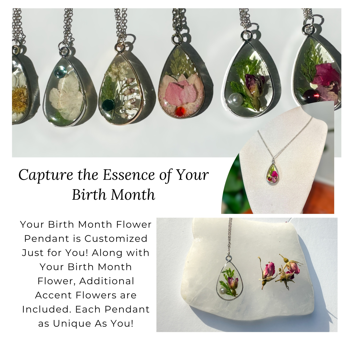 Birth Month Flower Necklace - Custom Order - Pressed Flower Pendant