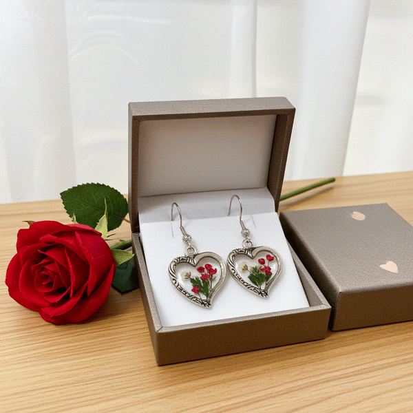 Secret Garden Vintage Botanical Handmade Heart Earrings | Real Flowers