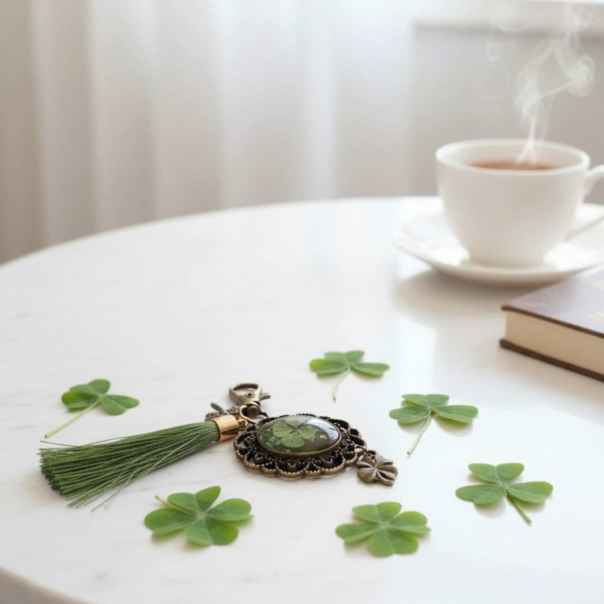 Lucky Clover Antique Bag Charm/Keychain-Handmade Real Four Leaf Clover