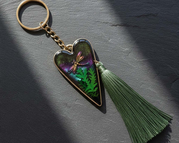 Aurora dragonfly keychain with a silver heart frame, green ferns in purple-green resin, and a long green tassel.