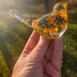 Black eyed susan bird figurine with two real two-tone blooms and gold leaf in clear resin
