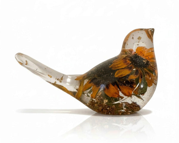 Black eyed susan bird figurine with two real two-tone blooms and gold leaf in clear resin