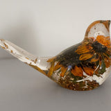 Black eyed susan bird figurine with two real two-tone blooms and gold leaf in clear resin