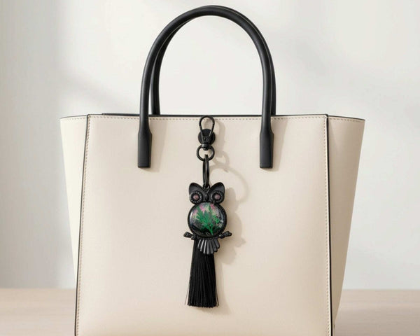 Bag Charm featuring a dark owl frame, green and purple shimmering resin body, and long black tassel on a cream handbag