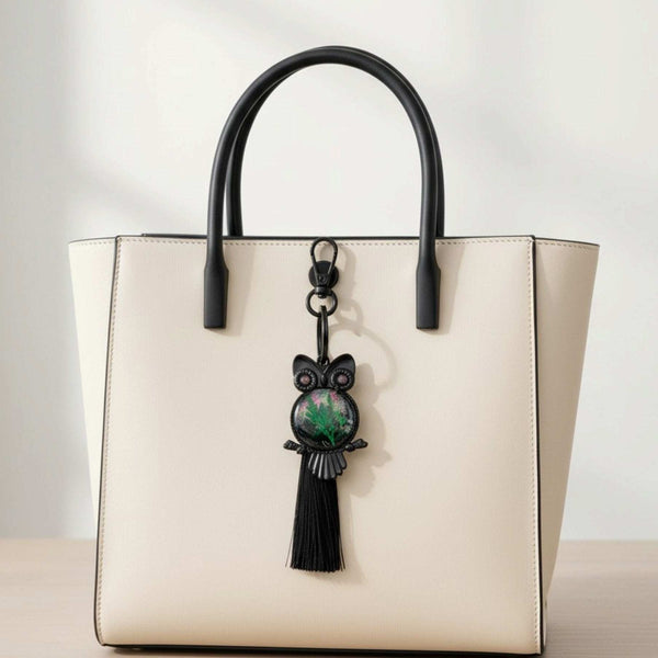 Bag Charm featuring a dark owl frame, green and purple shimmering resin body, and long black tassel on a cream handbag