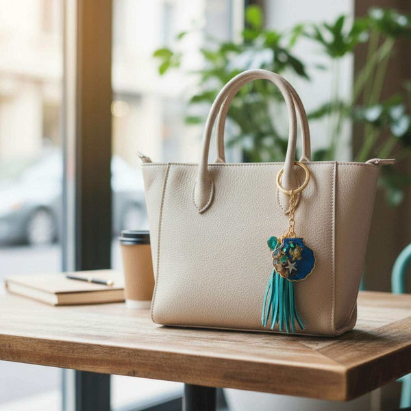 Ocean Shell Keychain with Leather Tassel -  Resin Sea Turtle Bag Charm