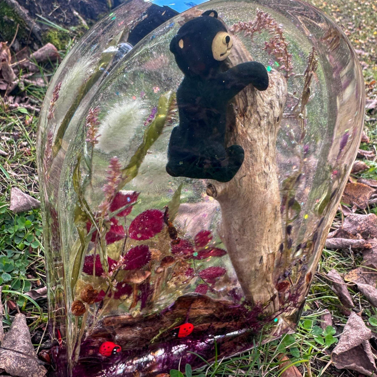 Bear cub resin sculpture climbing a natural wood trunk, with dried botanicals and red ladybugs in a clear dome