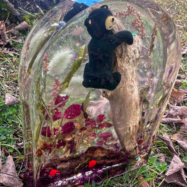 Bear cub resin sculpture climbing a natural wood trunk, with dried botanicals and red ladybugs in a clear dome