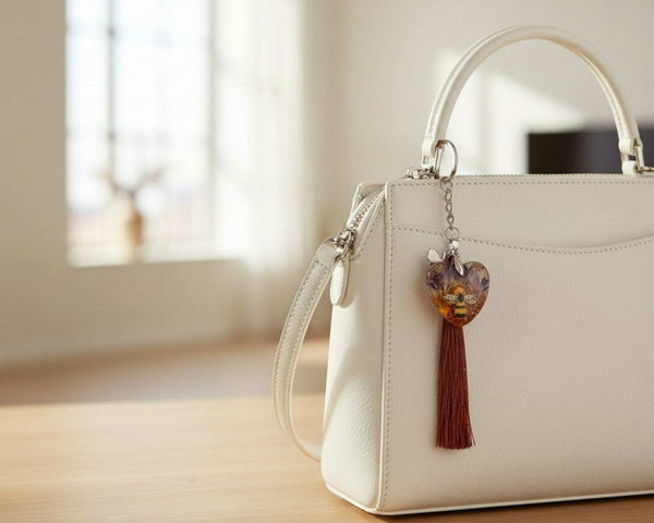Honeybee Heart Bag Charm with rhinestone bee, pressed purple flowers, and copper tassel in clear resin heart keychain