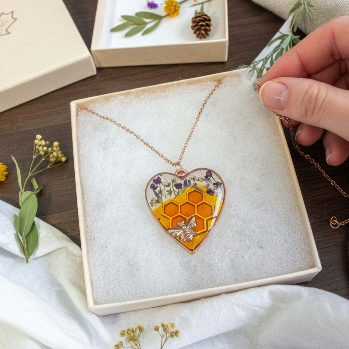 Bee Pendant - Blossom Buzz Harmony Heart - Handmade with Dried Flowers
