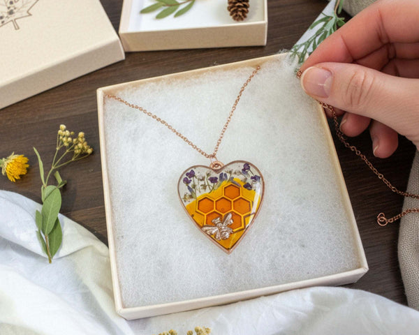 Bee Pendant - Blossom Buzz Harmony Heart - Handmade with Dried Flowers