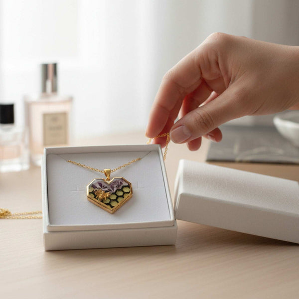 Bee Pendant - Blossom Buzz Harmony Heart - Handmade with Dried Flowers