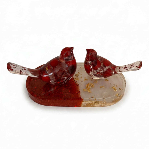 Berry resin bird set with two red birds on a red and gold leaf tray