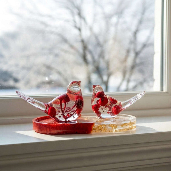 Berry resin bird set on a windowsill with light glowing through the red berries