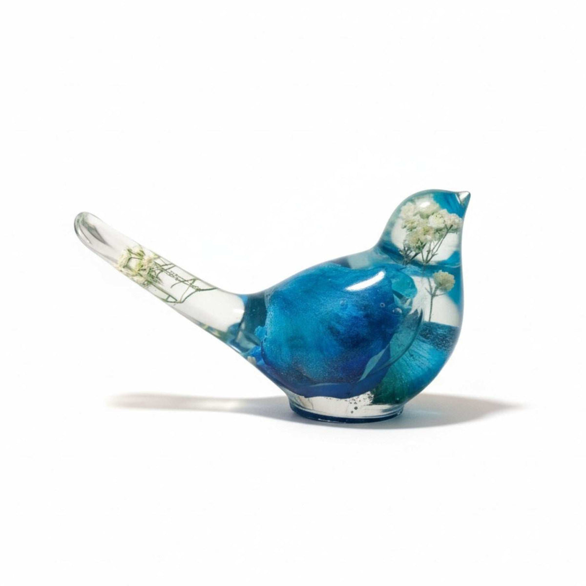Handcrafted Blue Rose Resin Bird with baby's breath in the head and tail