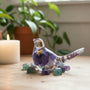 Fluorite Garden Bird | Handmade Pansy & Fluorite Gemstone Resin Bird