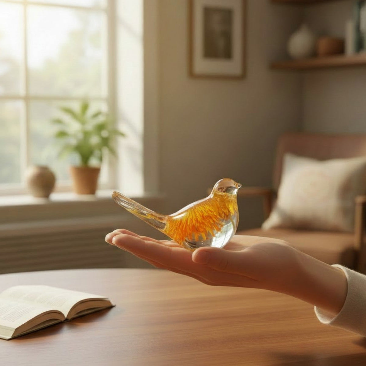 Strawflower resin bird pair with real preserved yellow strawflowers in clear resin and gold leaf shimmer
