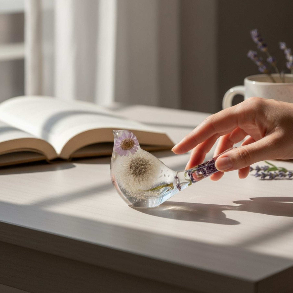 Handcrafted Purple Petal Dandelion Resin Bird with preserved fairy wishes