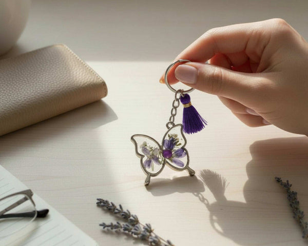 Birth Month Flower Butterfly Keychain -Custom Handmade Floral Keychain