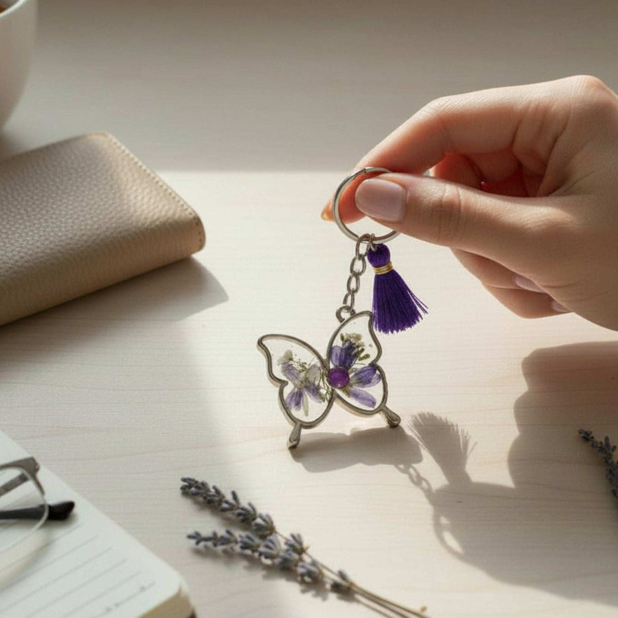 Birth Month Flower Butterfly Keychain -Custom Handmade Floral Keychain