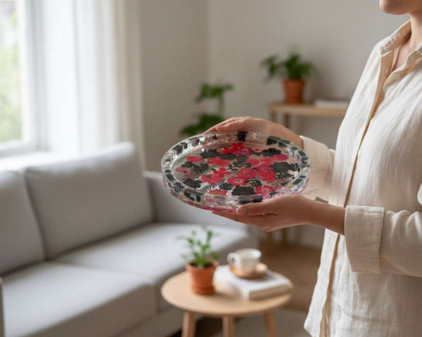 Tray - Midnight Bloom - Handcrafted Black & Red Pressed Flower Tray