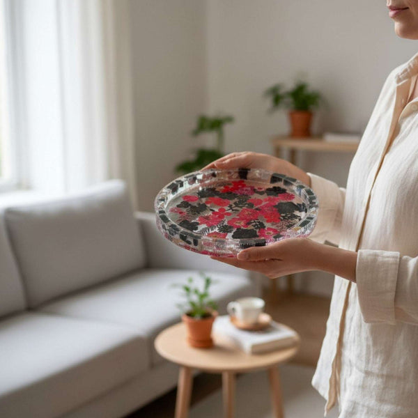 Tray - Midnight Bloom - Handcrafted Black & Red Pressed Flower Tray