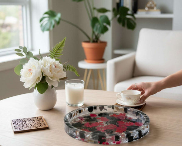 Tray - Midnight Bloom - Handcrafted Black & Red Pressed Flower Tray