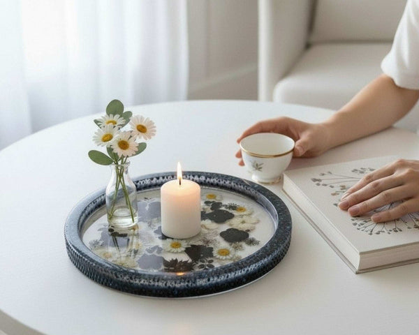 Tray Moonlit Petals  – Handmade Tray with Real Black & White Flowers