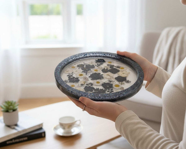 Tray Moonlit Petals  – Handmade Tray with Real Black & White Flowers