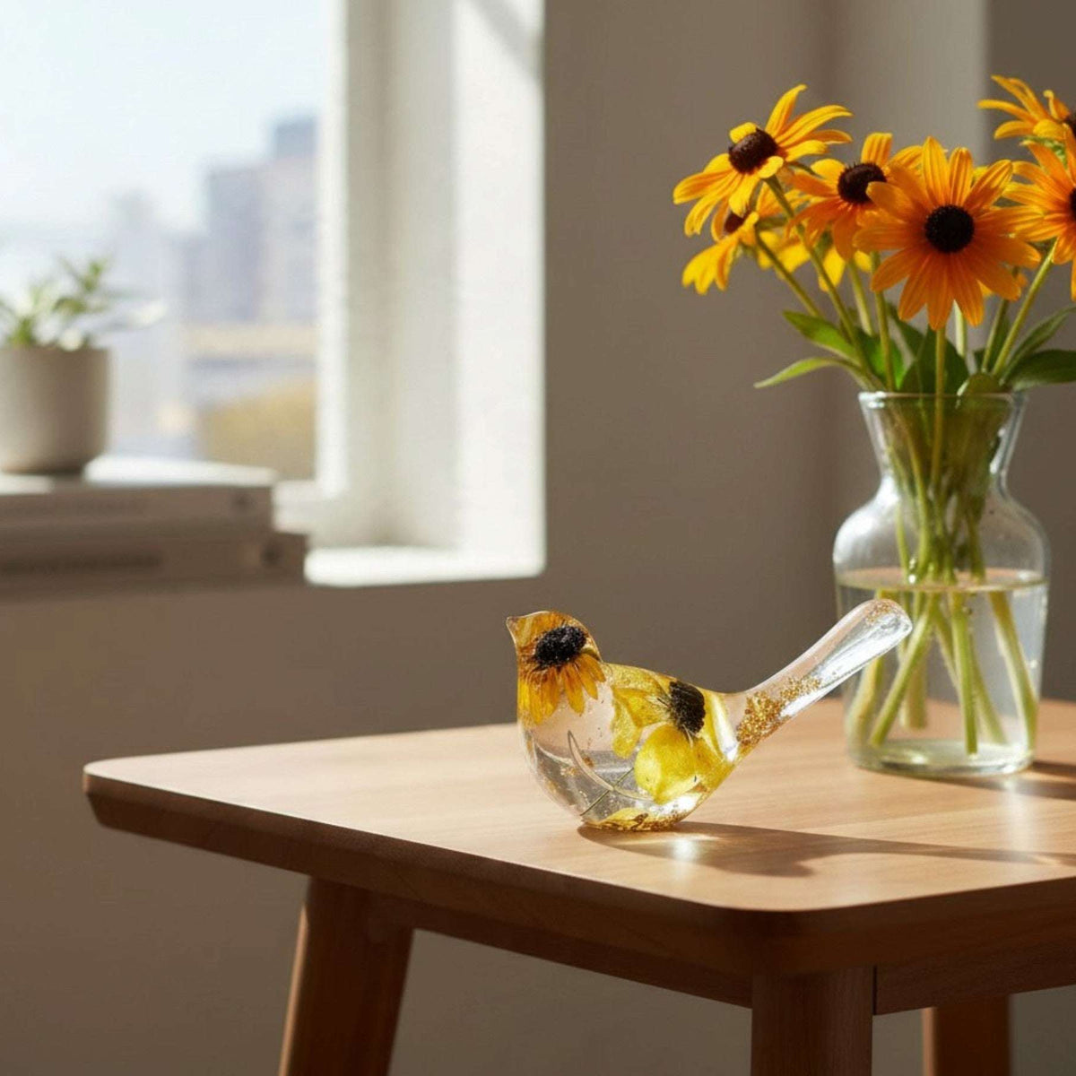 Resin bird with preserved yellow blooms and black centres, flecks of gold leaf; Golden Meadow botanical decor.