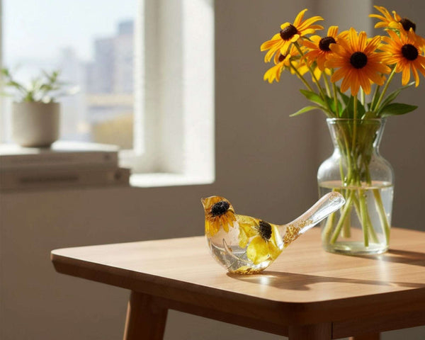 Resin bird with preserved yellow blooms and black centres, flecks of gold leaf; Golden Meadow botanical decor.