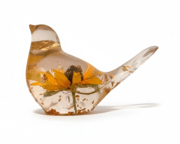 Golden Meadow Bloom Resin Bird - Handmade Botanical Home Decor