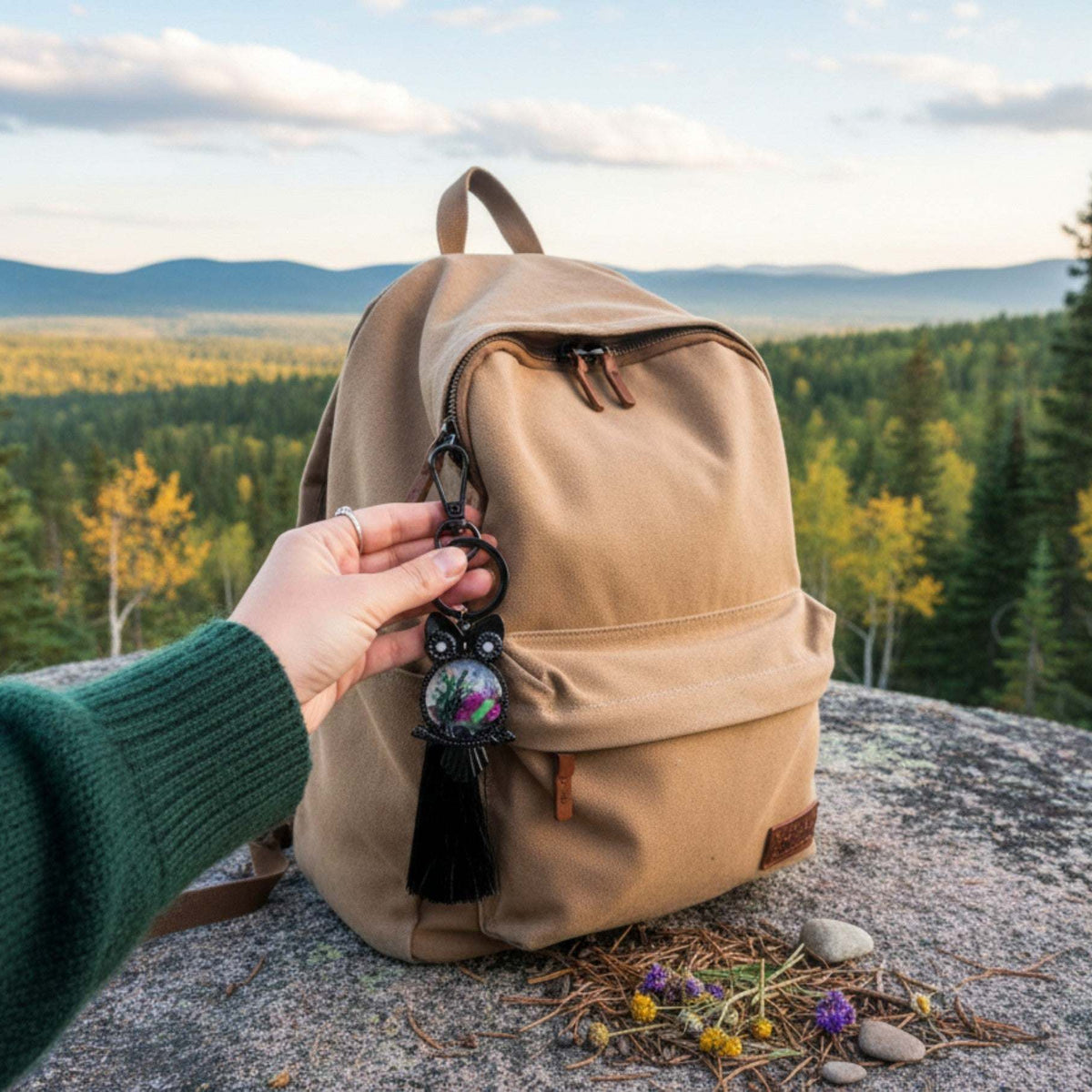 Close-up of handmade owl bag charm showing Northern Lights resin cabochon with pressed ferns.