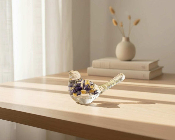Blue Lupine resin bird decor, clear resin songbird with deep blue and yellow blooms and green botanicals in its tail