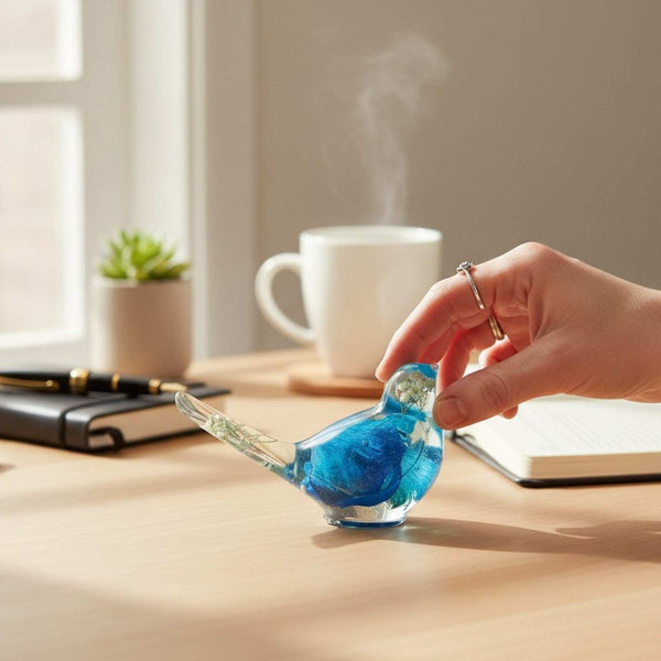 Handcrafted Blue Rose Resin Bird with baby's breath in the head and tail