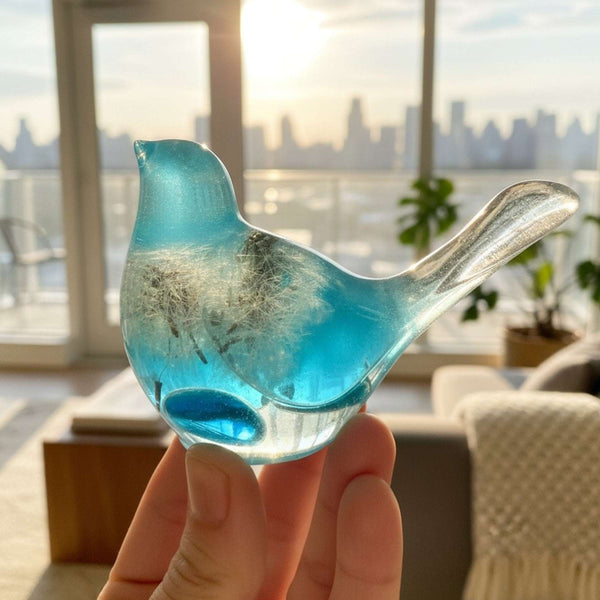 Aurora Wish Songbird teal glow resin bird decor glowing softly in a dark room held in hand
