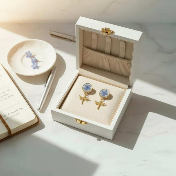 Forget-Me-Not Boreal Blue Handmade Dragonfly Gold Stud Earrings