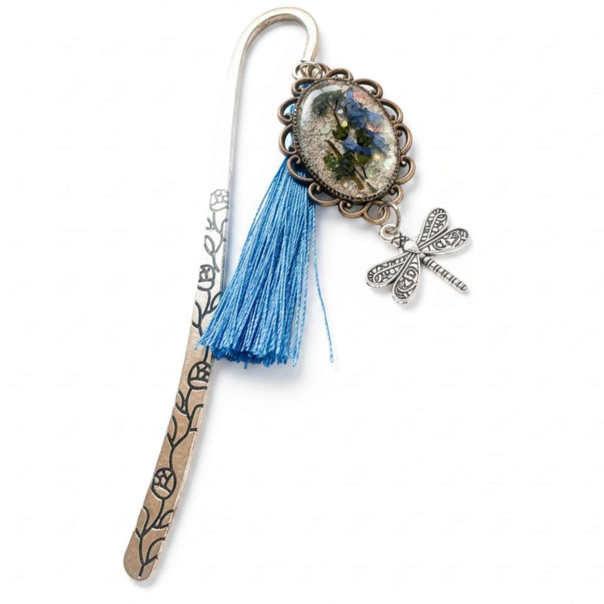 Forget Me Not Bookmark handmade with real pressed forget me nots in antique silver cameo frame and dragonfly charm